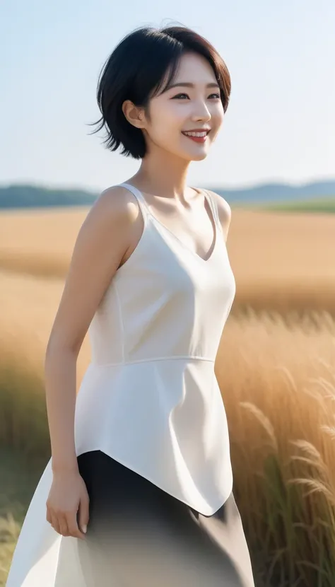 36 year old Korean woman, with short black hair, white leaky shoulder top, black skirt, take a walk in the field, happy smile, Short hair fluttering, elegant details, physical sky, gradient sunlight, uhd, best quality, masterpiece, high quality, Awards, te...