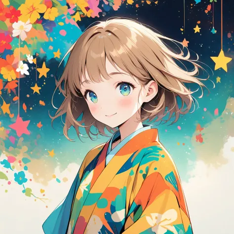 Watase Seizo style, Standing in front of a high wall，Simple line initials，Abstract art，Galactic Universe Background, Tanabata.milky way、Orihime and Hikoboshi、A radiant smile、Smile、Star of the sky