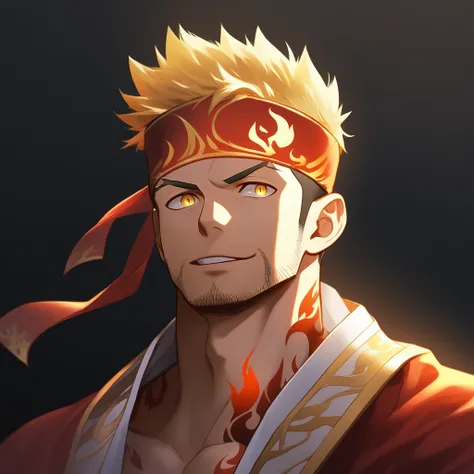 anime characters：Gyee, priapus, 1 muscular man god, Flame tattoo, sports Red headband, Priestly robes, muscular male, muscular, only, Upper body, alone, Black short hair, Thick eyebrows, stubble, Yellow eyes, White background, simple background, amazing qu...