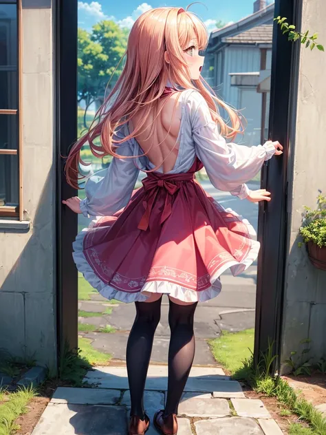 (Highest quality, super high quality, Super Resolution,Sharp focus, Super detailed,Ultra-fine illustrations),Cute young girl,Cute anime face,blush,scream(panic:1.2),(From the back:1.3),Skirt flip,Outdoor,wall,Are standing,whole body,Too much self-esteem,ha...