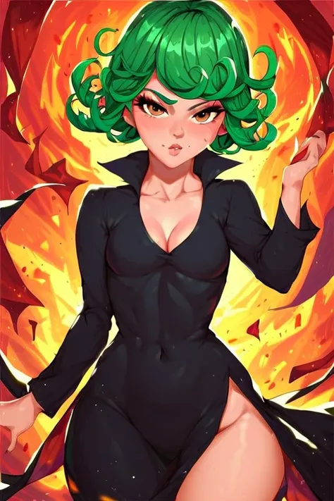 a cartoon image of a woman with green hair and a black dress