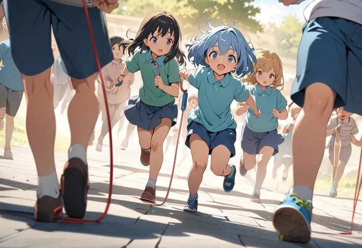 masterpiece, best quality, extremely detailed, anime, Children, skipping rope, large group skipping rope