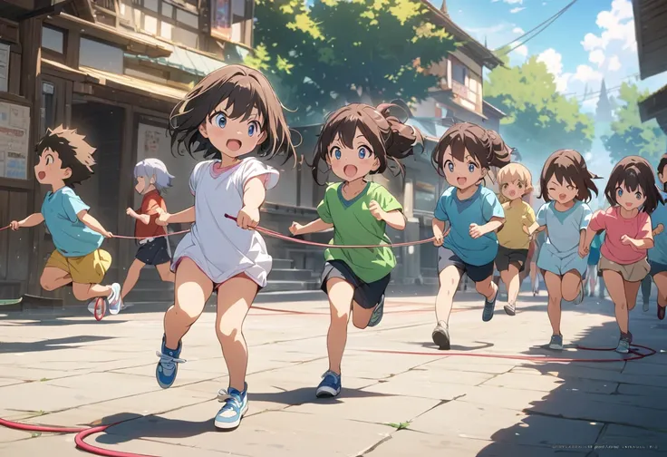 masterpiece, best quality, extremely detailed, anime, Children, skipping rope, large group skipping rope