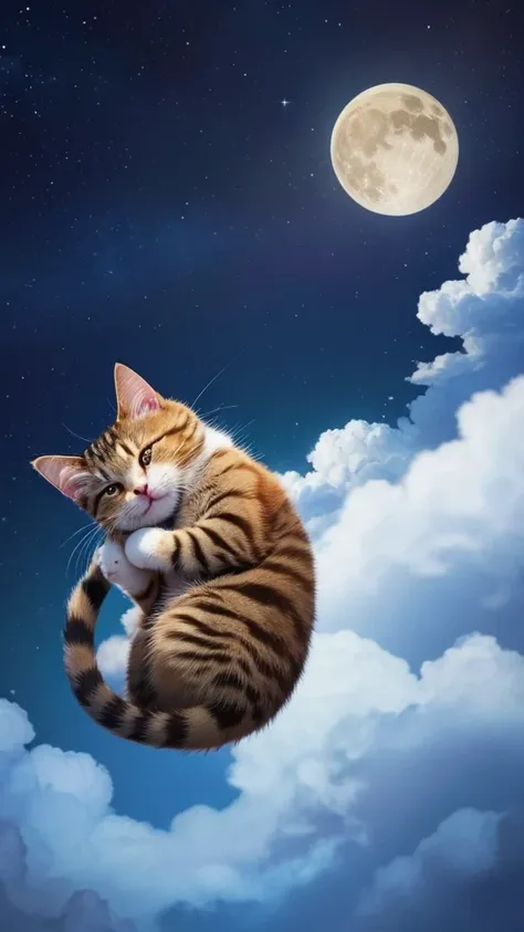 A cat is curled up and sleeping、Above the Clouds、night、Character Style、