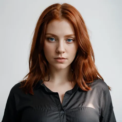 front view, looking at camera, RAW photo,((black shirt:1.2)), ((portrait)),beautiful red hair 30 years old woman, discretion, composure, blue eyes, perfecteyes eyes, angelical face ((white background:1.2)), studio lighting, high quality, film grain, Fujifi...