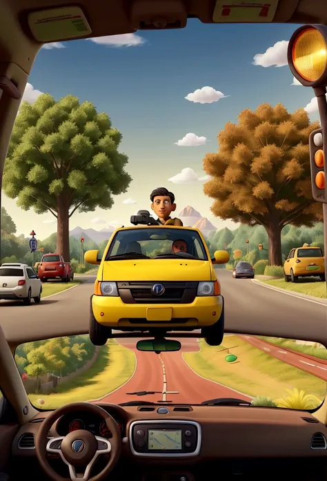 Scenery with park landscape with a highway and a car stopped at traffic light with lights: red, yellow and green, with a brown man inside the car fiddling with his cell phone