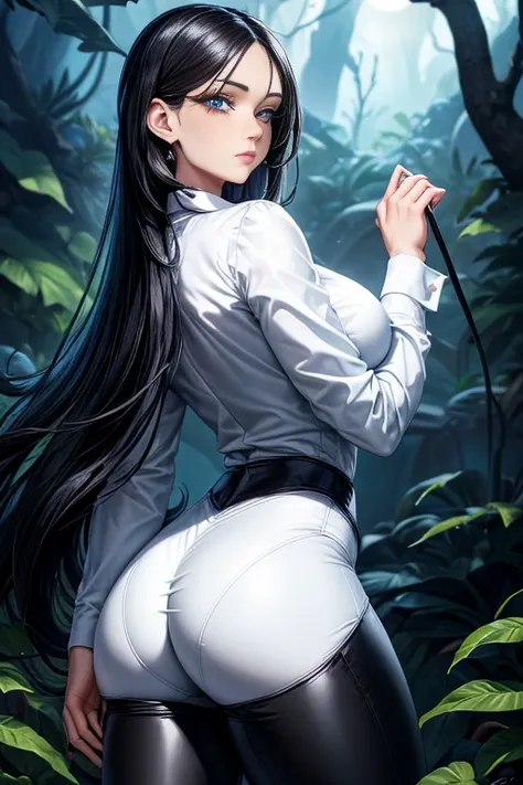 Masterpiece, high quality full length portrait of 1 woman (maduro)) YOUNG), (Long sleeve white buttoned shirt), (shiny black leggings), beautiful thin face, detailed face, long hair, (black hair), BIG BREASTS, pale and light skin, detailed eyes, ((blue eye...