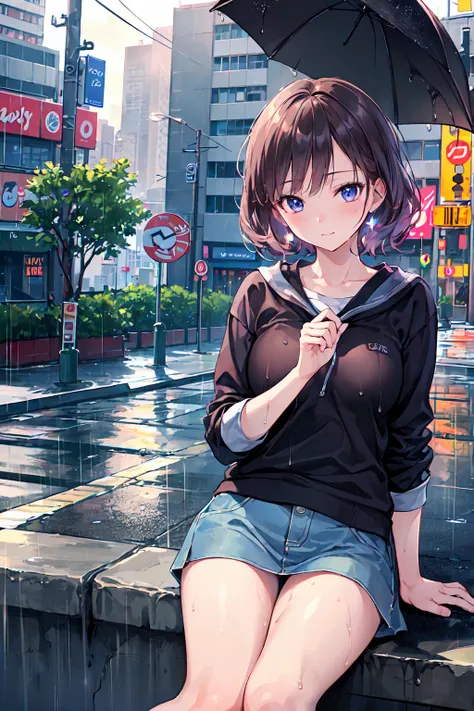 (8K, RAW Photos, Highest quality, masterpiece:1.2), (Realistic, photo-Realistic:1.37), Omertoza, One girl, (K-Pop Idols), (aegyo sal:1), cute, Cityscape, rain, Wet, Professional Lighting, Photon Mapping, Radio City, Physically Based Rendering,,  