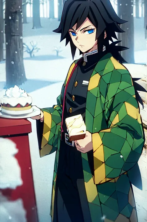 tomioka giyuu, demon slayer, 1boy, solo, upper body, winter, snow, forest, tree, nature, snowing, long hair, looking at viewer, blue eyes, black hair, long sleeves, standing, jacket, male focus, outdoors, japanese clothes, belt, black jacket, black pants, ...