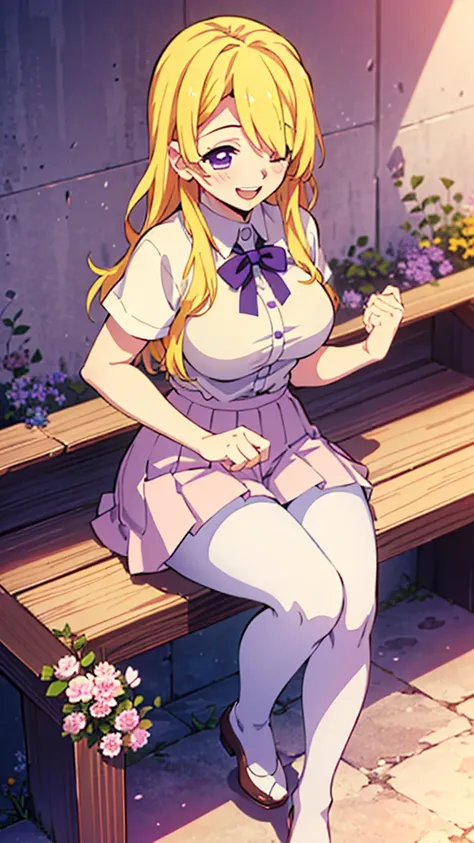 ((Best Quality)), ((Masterpiece)), (detailed), 1 girl, Pastel yellow hair, wide, hair covers one eye, purple eyes, big breasts, big thighs, smiling expression, Open mouth, blush, white voting t-shirt, purple skirt, brown pantyhose, estilo kimetsu no yaiba,...