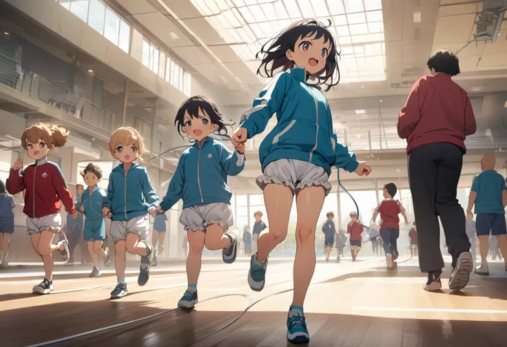 masterpiece, Highest quality, Very detailed, anime, The kids, Skipping rope, large group Skipping rope、Bloomers、Gym suit