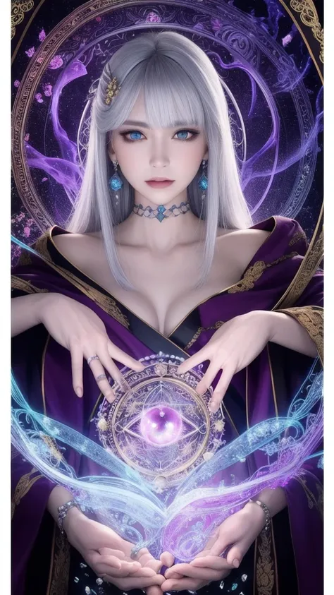 (masterpiece, top quality, 1 female, solo, exquisite details, chromatic aberration), (realistic), (skin), ((breathing)), (silver hair, blunt bangs, short straight long hair, short bangs, silver hair), beautiful hair, red headdress, blue highlights, hair ov...