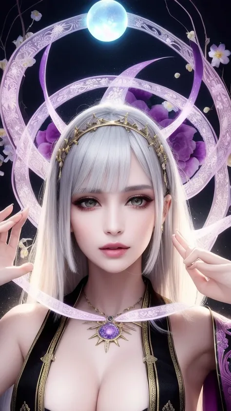 (masterpiece, top quality, 1 female, solo, exquisite details, chromatic aberration), (realistic), (skin), ((breathing)), (silver hair, blunt bangs, short straight long hair, short bangs, silver hair), beautiful hair, red headdress, blue highlights, hair ov...