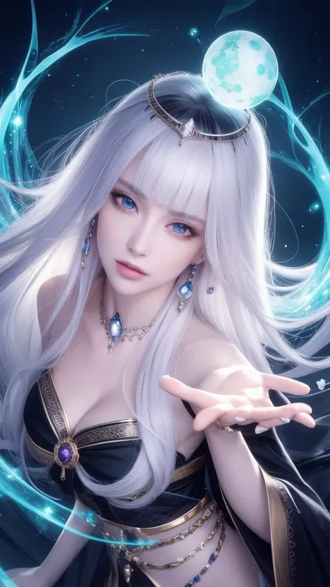 (masterpiece, top quality, 1 female, solo, exquisite details, chromatic aberration), (realistic), (skin), ((breathing)), (silver hair, blunt bangs, short straight long hair, short bangs, silver hair), beautiful hair, red headdress, blue highlights, hair ov...