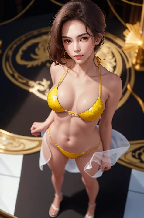 highres,absurdres,masterpiece,best quality,original,extremely detailed CG,extremely detailed wallpaper,perfect lighting,standing on the stage,blurry background,looking at viewer,from above,bikini,
tanned brunette,edgPR_woman,edgPR_face,edgPR_body,