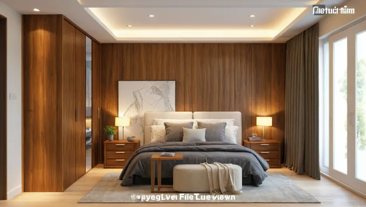 interior design, (walnut furniture:1.3), (white wall:1.3), (white ceiling), (white arcylic panel), wall bed panel design, tones white cream light, walnut tones interior design, (architectural design visualization), (neutral natural lighting), (reflection),...