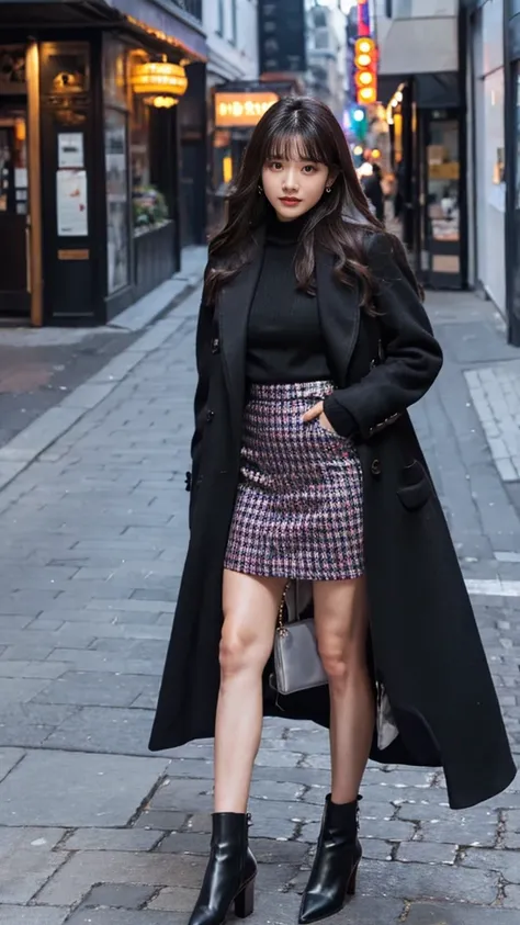 outdoor,girl wearing elegant dark violet long coat,knit tops and houndtooth patterned mini skirt,pumps and black color ankle socks,fullbody standing street photo,confident face,shiny long hair,idol Instagram photo.skincolor pantyhose,wearing black leather ...