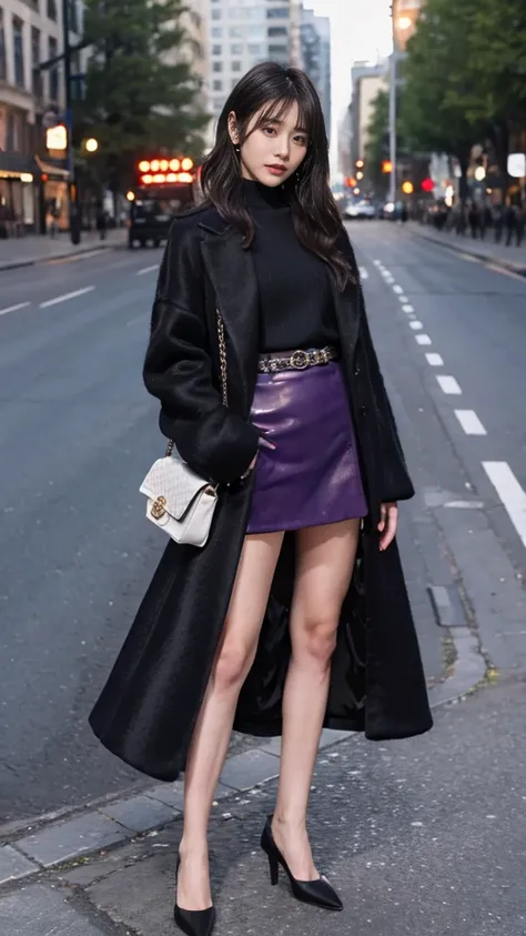 outdoor,girl wearing elegant dark violet long coat,knit tops and houndtooth patterned mini skirt,pumps and black color ankle socks,fullbody standing street photo,confident face,shiny long hair,idol Instagram photo.skincolor pantyhose,wearing black leather ...