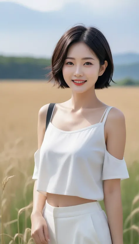 36 year old Korean woman, with short black hair, White shoulder top that covers the chest, casual pants, take a walk in the field, happy smile, Short hair, elegant details, physical sky, uhd, best quality, masterpiece, high quality, Awards, textured skin