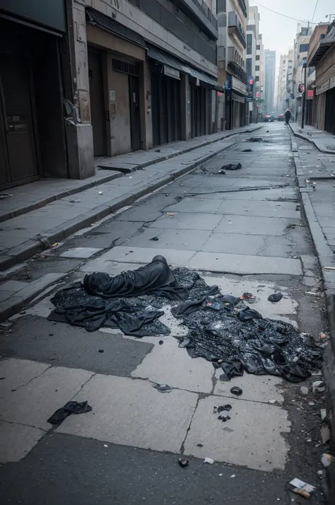 place without daylight, deserted street, rubbish scattered everywhere, black bubbles coming out of the ground, dead bodies on the floor.