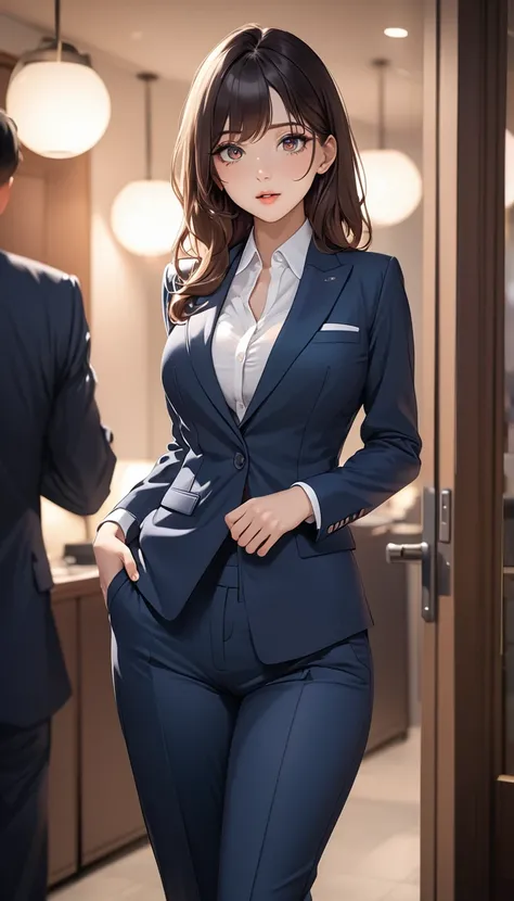 (((masterpiece))),(((high resolution)))、((beautiful woman))、(((Korean Secretary)))、(((pants business suit)))、((beautiful woman))、(cute)、night、standing and looking at me, ((high resolution face)), ((high resolution eyes))
