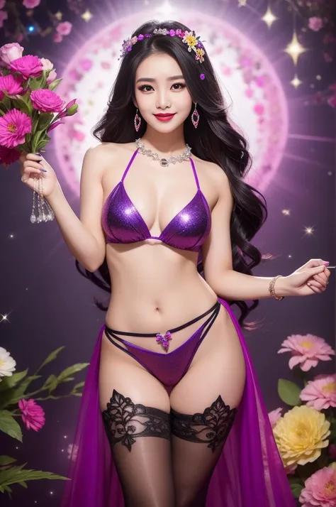 sexy Thai model who controls poison、beautiful smile、lipgloss、bold lipstick、intense makeup、look at the camera、full body Esbian、、sparkling poisoned flower costume、、、、sparkling Colorful hair、secrete poison、skull hair accessories、sexy tights、shiny sparkling fl...