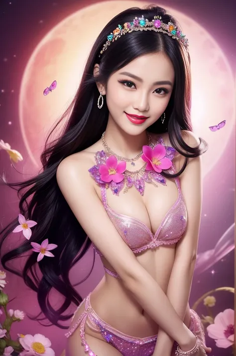 sexy Thai model who controls poison、beautiful smile、lipgloss、bold lipstick、intense makeup、look at the camera、full body Esbian、、sparkling poisoned flower costume、、、、sparkling Colorful hair、secrete poison、skull hair accessories、sexy tights、shiny sparkling fl...