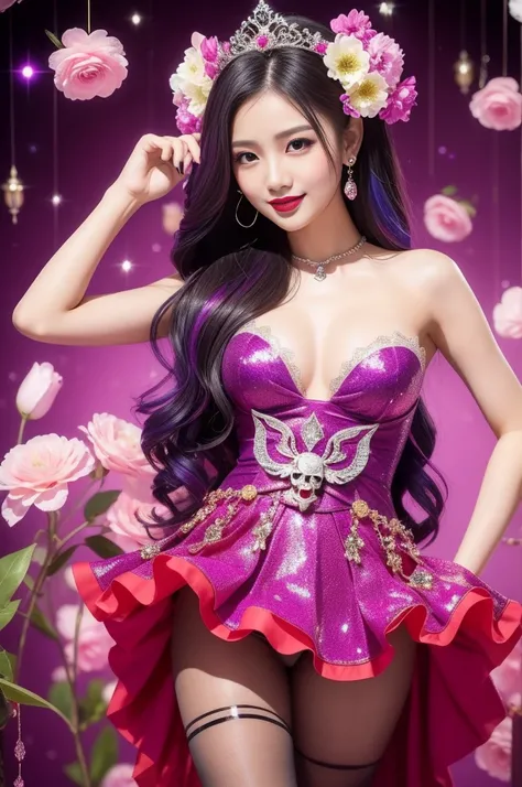 sexy Thai model who controls poison、beautiful smile、lipgloss、bold lipstick、intense makeup、look at the camera、full body Esbian、、sparkling poisoned flower costume、、、、sparkling Colorful hair、secrete poison、skull hair accessories、sexy tights、shiny sparkling fl...