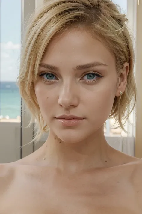 sublime femme parfaite au cheveux blond éclatant avec des yeux vert brillant et une vue de face, corps avec les proportions parfaites