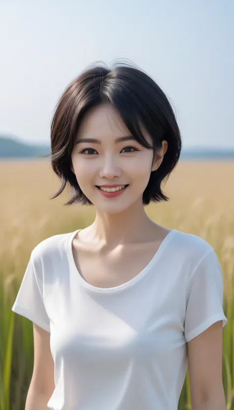 36 year old Korean woman, with short black hair, White shoulder top that covers the chest, casual pants, take a walk in the field, happy smile, Short hair, elegant details, physical sky, uhd, best quality, masterpiece, high quality, Awards, textured blood