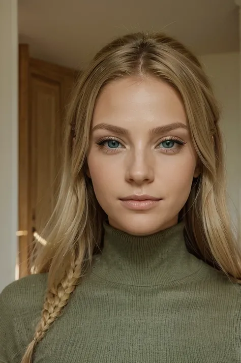 femme parfaite au long cheveux blond éclatant avec des yeux vert brillant et une vue de face, corps avec les proportions parfaites