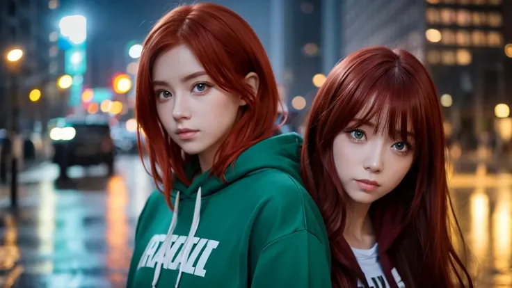 In the rainy city red hair green eyes gray hoodie realism 