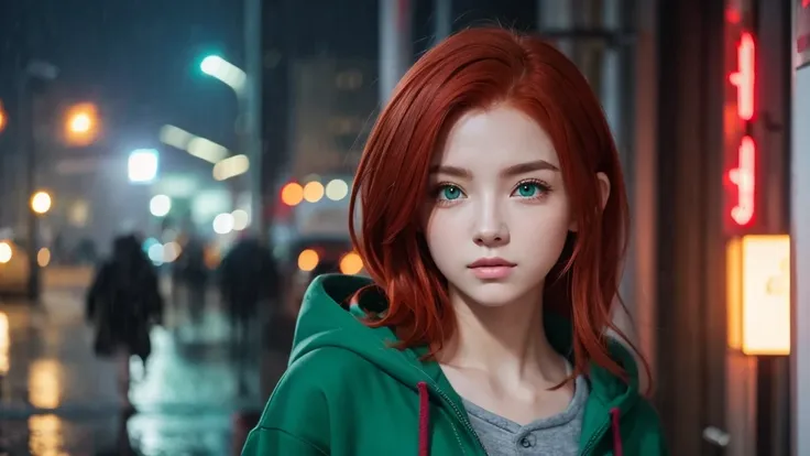 In the rainy city red hair green eyes gray hoodie realism 