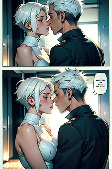 girl with short white hair small and really skinny, passionately kissing a guy with short hair passionately, manga page with pan...