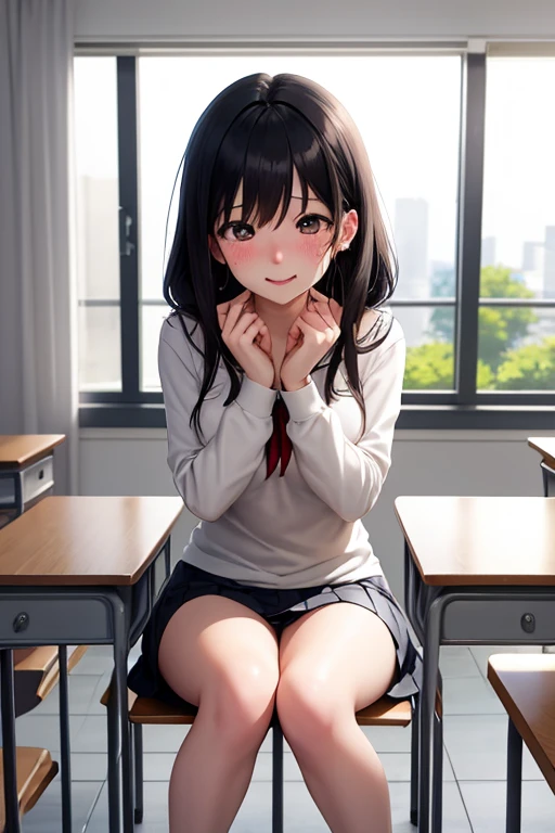 Anime girl sitting at desk in classroom at blackboard, beautifulアニメ美少女, cuteアニメの女の子,cute, Enchanting anime girl, Anime Moe Art Style, Squatbeautifulアニメの女の子, Anime Best Girl, Smooth anime CG art, Attractive anime girl, surGenuine , Young Anime Girl、Full Col...