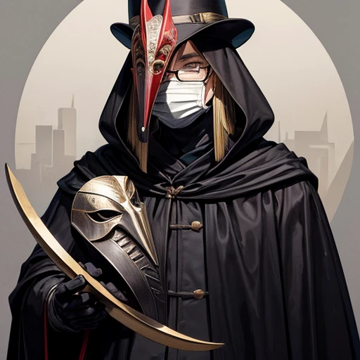 (masterpiece, Best illustrations,) Medieval, beaked mask, Black Robe, Urban Background, doctor, Masked, One person, clear, micro movement, Wear a brimmed hat, Glasses, can&#39;I can&#39;t see, Crow with hand　woman