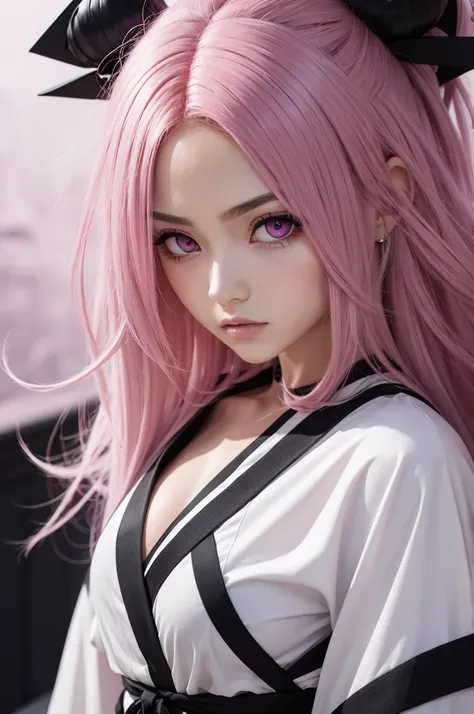  with big hair pink hair eyes with sharingan white and black clothes byakugou activated Fighting