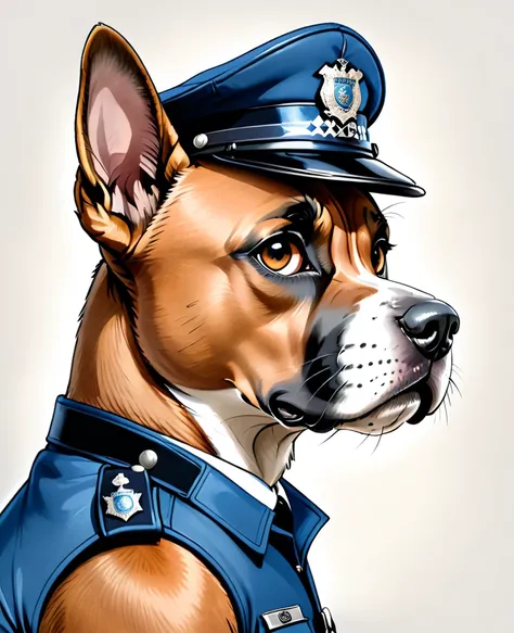 Warercolor hand drawing, vector graphics design, (best quality, masterpiece:1.2), side view, anthropomorphic, a Boxer dog with short hair wearing police jacket & uniform cap, inspector of Scotland Yard, llooks ike a police officer, noire, London 1890, simp...