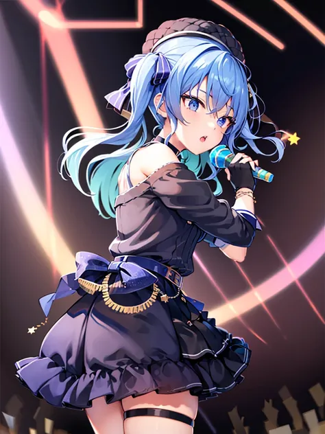 Highest quality, from side, 1girl, Side Ponytail, small breasts, (frilled dress), Fingerless gloves, Single knee socks, jewelry, Thigh straps, bracelet, button, Blue choker, Blue Belt, Live Performance Venues, Microphone in hand, Laughing with mouth open, ...