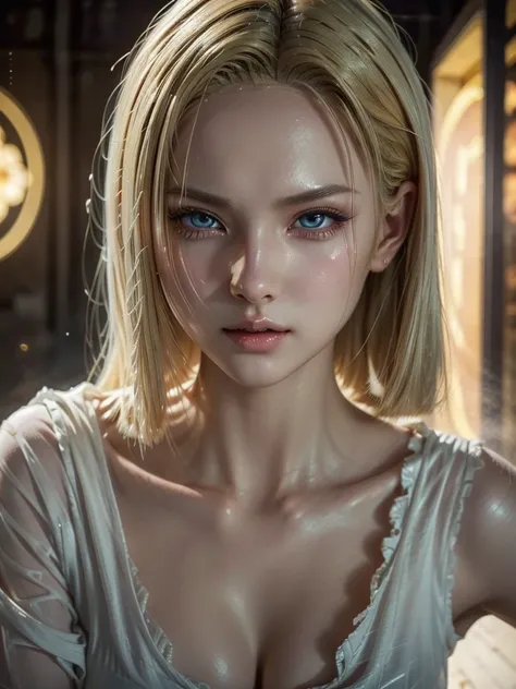 1 girl, android 18, sensual, dripping wet, beautiful detailed eyes, beautiful detailed lips, extremely detailed face, long eyelashes, voluptuous figure, flowing hanfu dress, glowing golden hair, dynamic pose, intricate detailed environment, cinematic light...