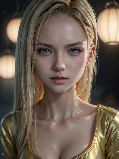 1 girl, android 18, sensual, dripping wet, beautiful detailed eyes, beautiful detailed lips, extremely detailed face, long eyelashes, voluptuous figure, flowing hanfu dress, glowing golden hair, dynamic pose, intricate detailed environment, cinematic light...