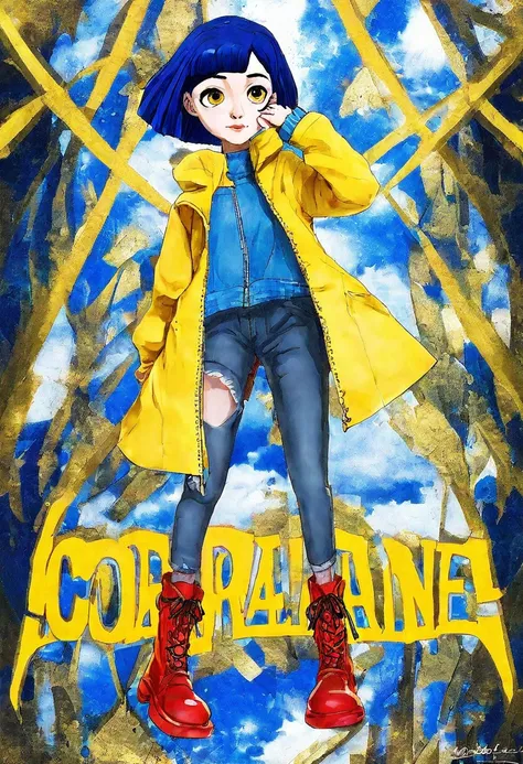 	Create an anime style image JOJO Bizarre adventure of Coraline. Coraline is a young adult girl of around 19 years old, with short blue hair. She wears a vibrant yellow coat, blue jeans and red boots. Coraline must have a curious and adventurous expression...