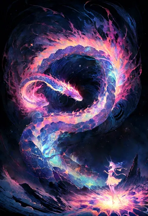 In the dimension of stellar collisions, The legendary snake Orokki appears as the embodiment of heavenly wrath.. Your body is a symphony of vibrant colors, Reflecting the birth of a star. His eyes glowed with cosmic fire, Tendrils of energy swirled around ...