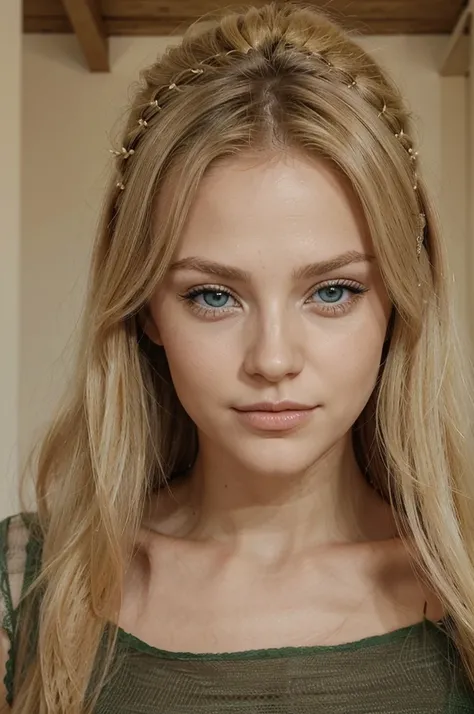 sublime femme au long cheveux blond éclatant, des traits de visage attirant avec des yeux vert brillant et une vue de face, corps avec les proportions parfaites. dont tout les hommes tomberaient amoureux