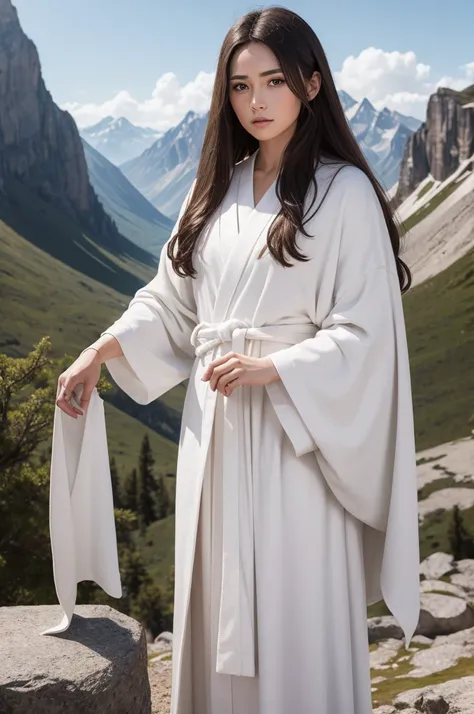 Create a character from the Bible, muka,brunette skin, white robe, in the background mountain 