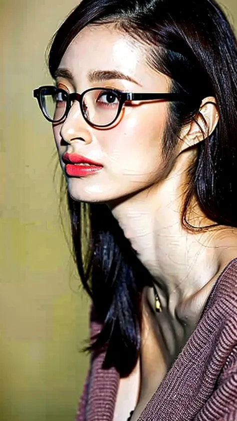 womanの写真, Mid 30s, Japan nationality, Illuminated face, Upper body composition, Realistic high definition images. Features: shoulder-length brown hair, Intellectual appearance with glasses, Simple contours, Well-defined eyebrows, Deep Eyes, Straight nose, ...