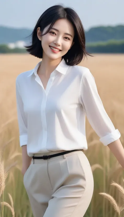 36 year old Korean woman, chest 32 inches, short black hair, white shirt with long arms, casual pants, take a walk in the field, happy smile, Short hair, elegant details, physical sky, uhd, best quality, masterpiece, high quality, Awards, textured skin