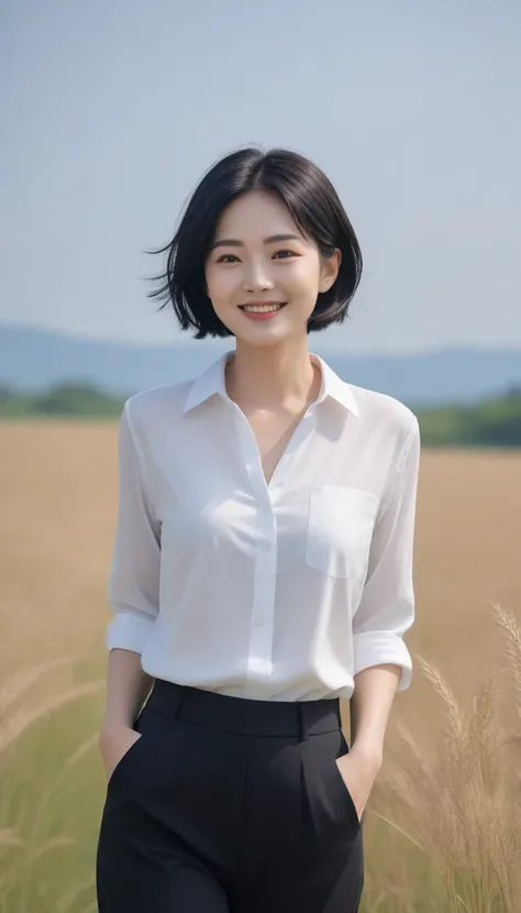 36 year old Korean woman, chest 32 inches, short black hair, white shirt with long arms, casual pants, take a walk in the field, happy smile, Short hair, elegant details, physical sky, uhd, best quality, masterpiece, high quality, Awards, textured skin