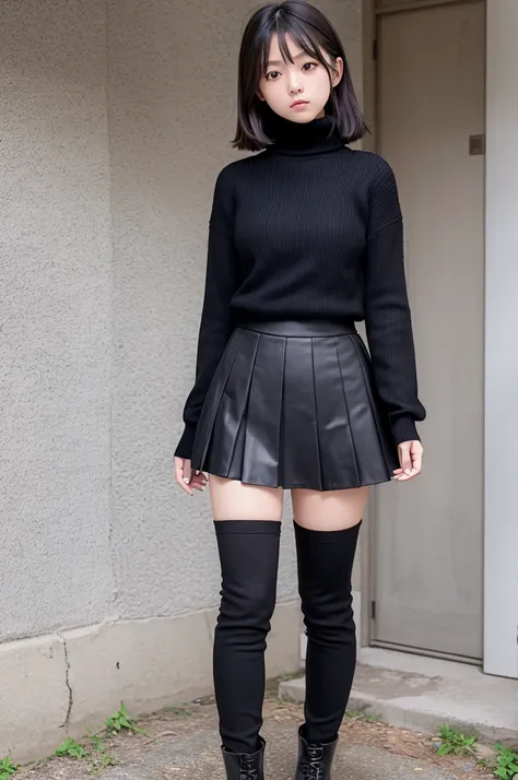 15 years old　girl　Japanese　melancholy　Pleated skirt　　Black turtleneck sweater　Knee-high boots