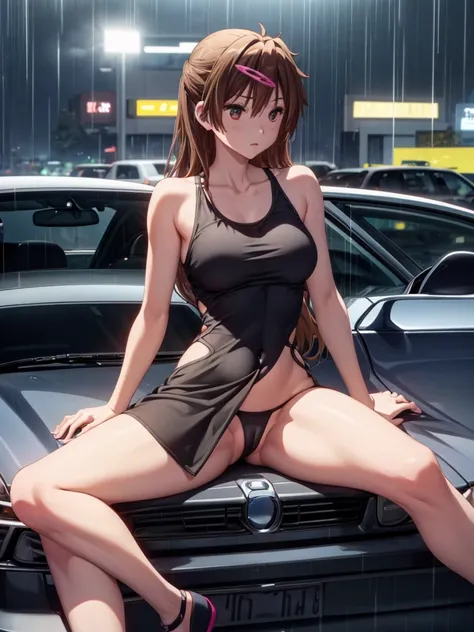 Girl, short tight dress, black thong, navel shown, car background, openlegs, inside in bmw, night, rain, naked ass, slim body, sitting in the car, in the back seat 